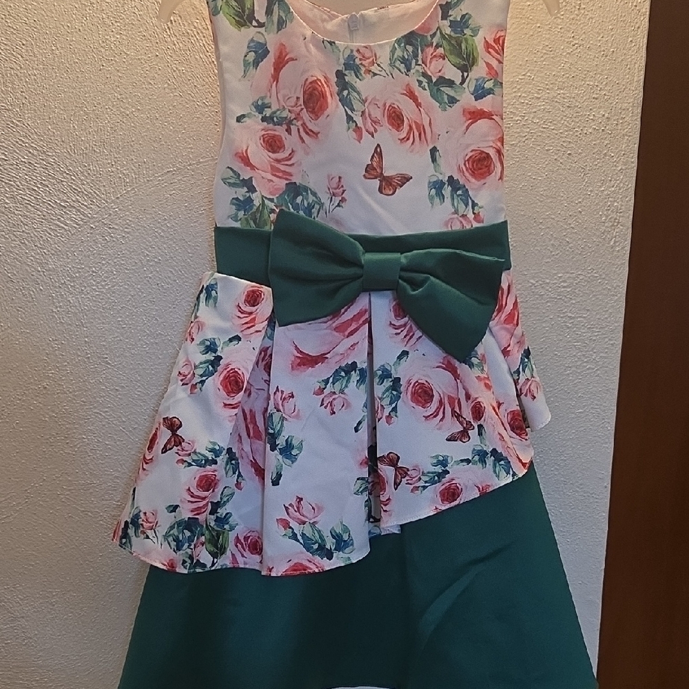 Floral Kids Dress with Green Bow